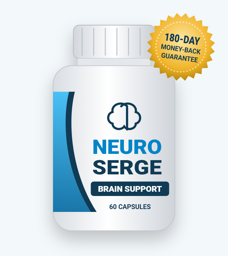 Neuro Serge brain support supplement bottle with 180-day money-back guarantee